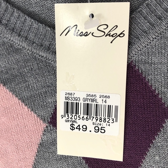 Miss Shop NWT 14 argyle pattern jumper sweater knit grey pink purple preppy - Picture 5 of 8